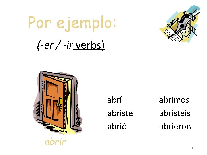 Por ejemplo: (-er / -ir verbs) abrí abriste abrió abrir abrimos abristeis abrieron 30