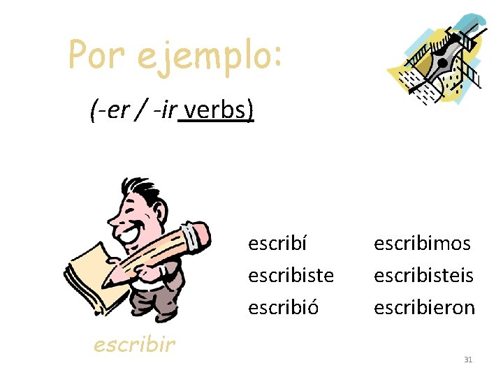 Por ejemplo: (-er / -ir verbs) escribí escribiste escribió escribir escribimos escribisteis escribieron 31