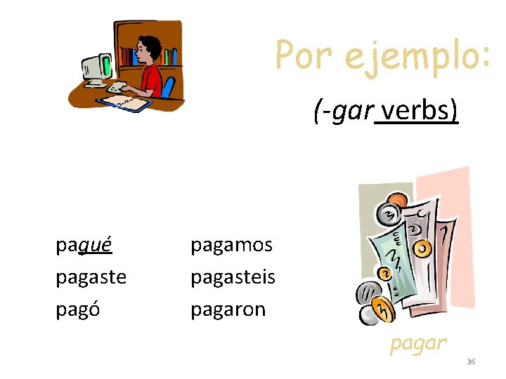 Por ejemplo: (-gar verbs) pagué pagaste pagó pagamos pagasteis pagaron pagar 36 
