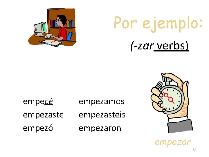 Por ejemplo: (-zar verbs) empecé empezaste empezó empezamos empezasteis empezaron empezar 39 