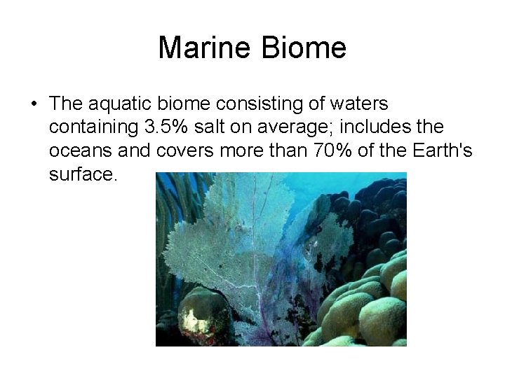 Marine Biome • The aquatic biome consisting of waters containing 3. 5% salt on