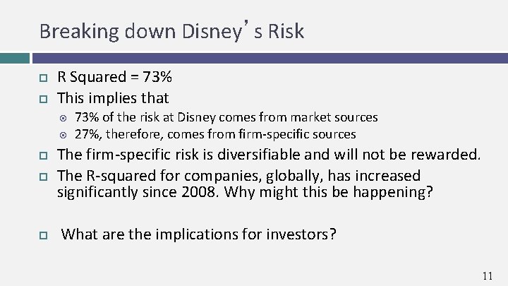Breaking down Disney’s Risk R Squared = 73% This implies that 73% of the