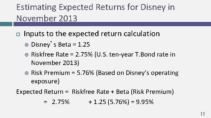Estimating Expected Returns for Disney in November 2013 Inputs to the expected return calculation