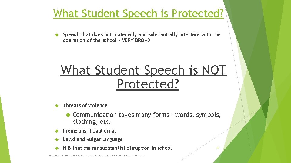 What Student Speech is Protected? Speech that does not materially and substantially interfere with