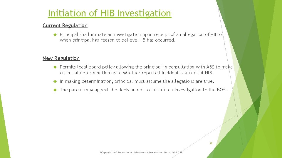 Initiation of HIB Investigation Current Regulation Principal shall initiate an investigation upon receipt of