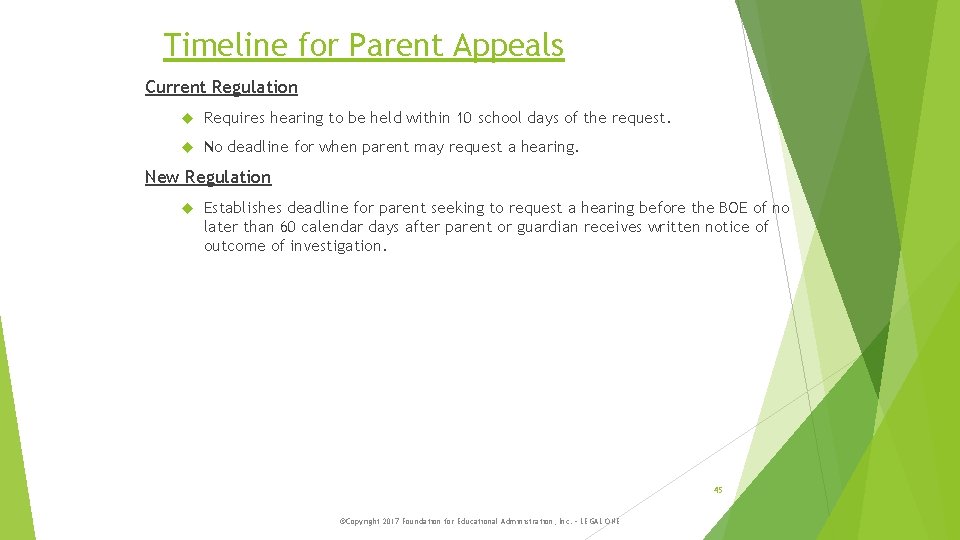 Timeline for Parent Appeals Current Regulation Requires hearing to be held within 10 school