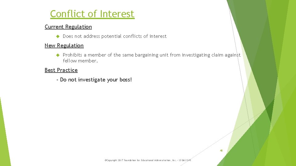 Conflict of Interest Current Regulation Does not address potential conflicts of interest New Regulation