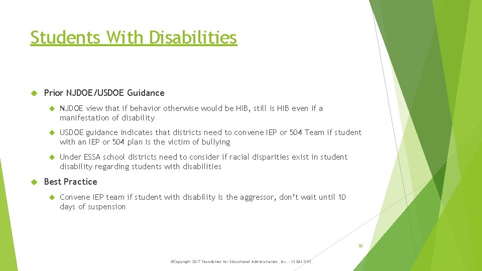 Students With Disabilities Prior NJDOE/USDOE Guidance NJDOE view that if behavior otherwise would be