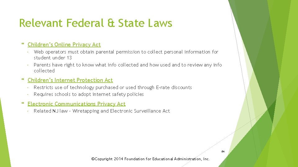 Relevant Federal & State Laws Children’s Online Privacy Act ◦ ◦ Children’s Internet Protection