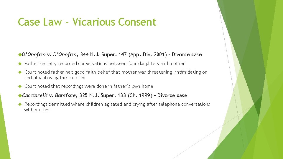 Case Law – Vicarious Consent D’Onofrio v. D’Onofrio, 344 N. J. Super. 147 (App.