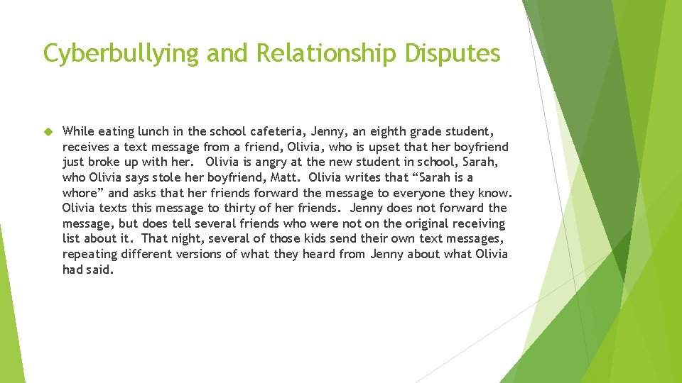 Cyberbullying and Relationship Disputes While eating lunch in the school cafeteria, Jenny, an eighth