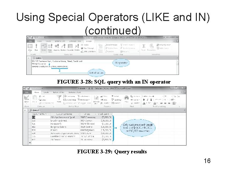Using Special Operators (LIKE and IN) (continued) FIGURE 3 -28: SQL query with an