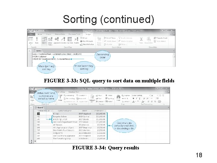 Sorting (continued) FIGURE 3 -33: SQL query to sort data on multiple fields FIGURE