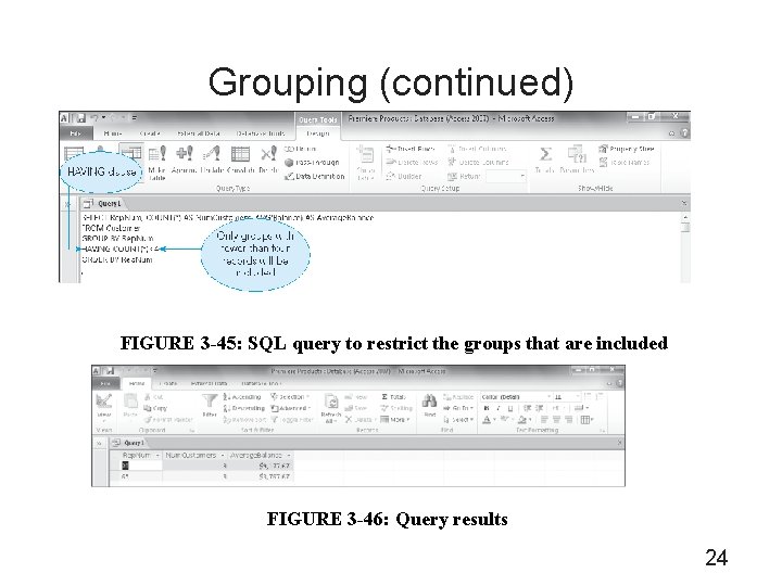 Grouping (continued) FIGURE 3 -45: SQL query to restrict the groups that are included