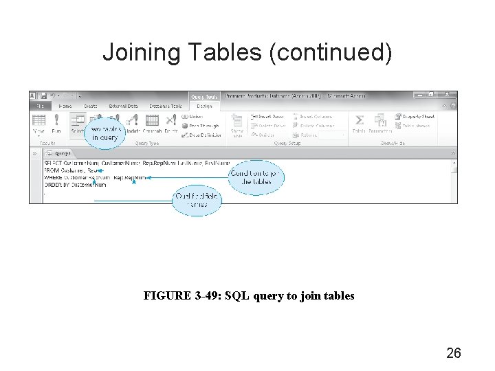 Joining Tables (continued) FIGURE 3 -49: SQL query to join tables 26 