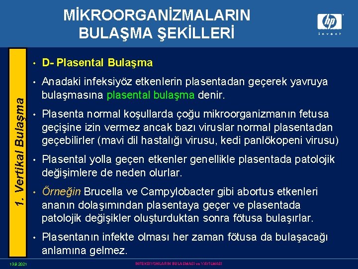 1. Vertikal Bulaşma MİKROORGANİZMALARIN BULAŞMA ŞEKİLLERİ 13. 9. 2021 • D- Plasental Bulaşma •