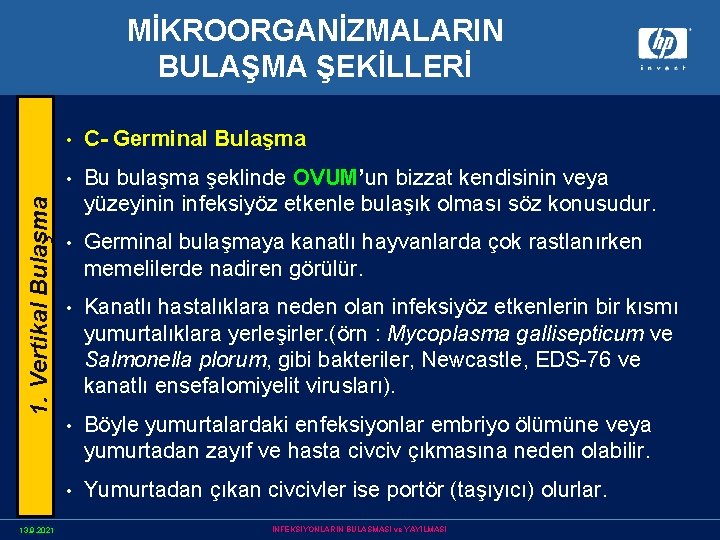 1. Vertikal Bulaşma MİKROORGANİZMALARIN BULAŞMA ŞEKİLLERİ 13. 9. 2021 • C- Germinal Bulaşma •