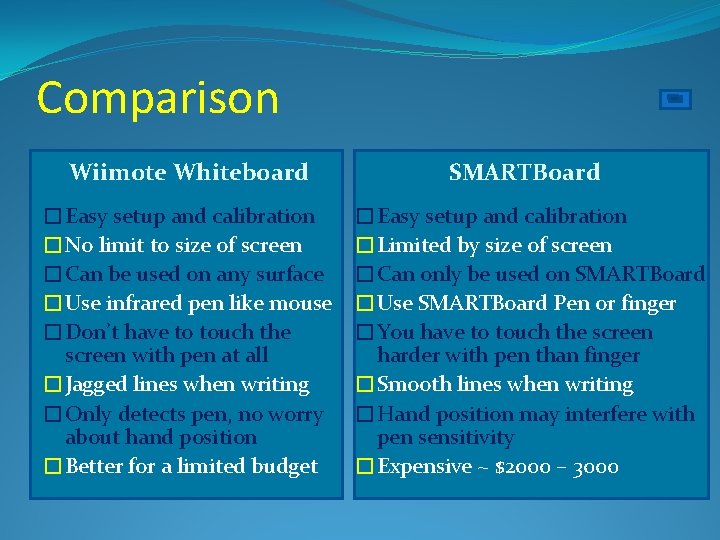 Comparison Wiimote Whiteboard SMARTBoard �Easy setup and calibration �No limit to size of screen