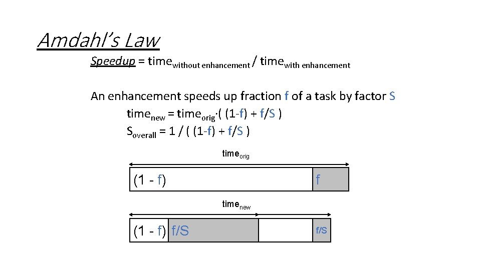 Amdahl’s Law Speedup = timewithout enhancement / timewith enhancement An enhancement speeds up fraction