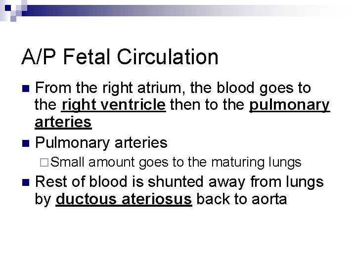 A/P Fetal Circulation From the right atrium, the blood goes to the right ventricle