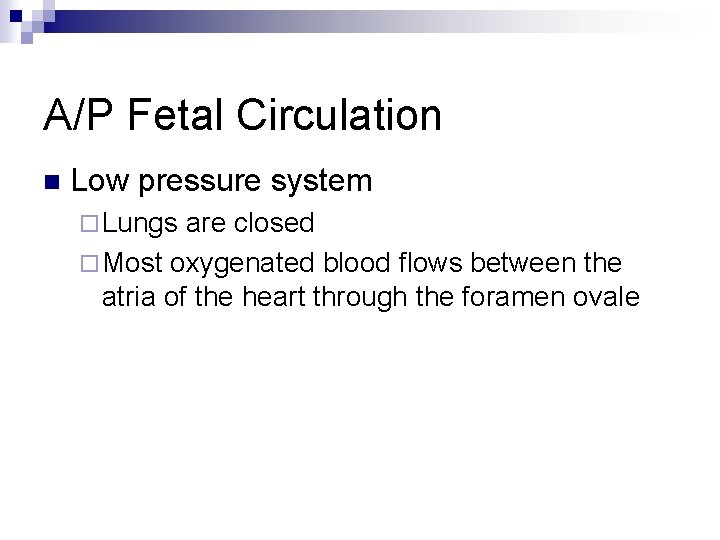 A/P Fetal Circulation n Low pressure system ¨ Lungs are closed ¨ Most oxygenated