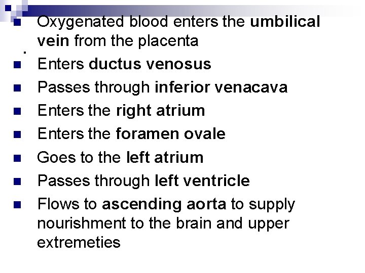 n . n n n n Oxygenated blood enters the umbilical vein from the