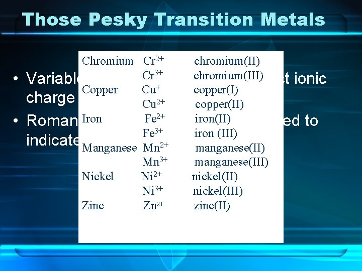 Those Pesky Transition Metals • • Chromium Cr 2+ chromium(II) 3+ Cr chromium(III) Variable