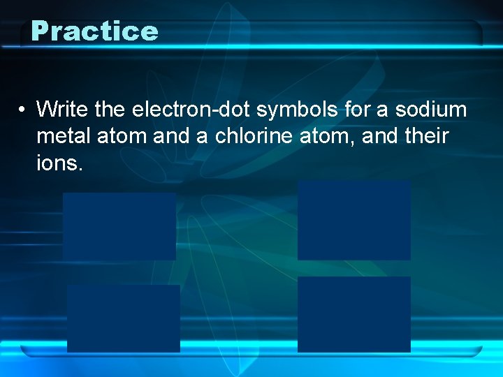 Practice • Write the electron-dot symbols for a sodium metal atom and a chlorine