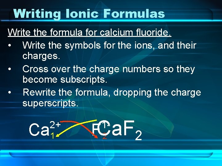 Writing Ionic Formulas Write the formula for calcium fluoride. • Write the symbols for