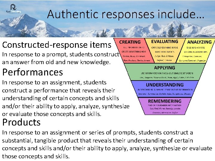 Authentic responses include… Constructed-response items In response to a prompt, students construct an answer