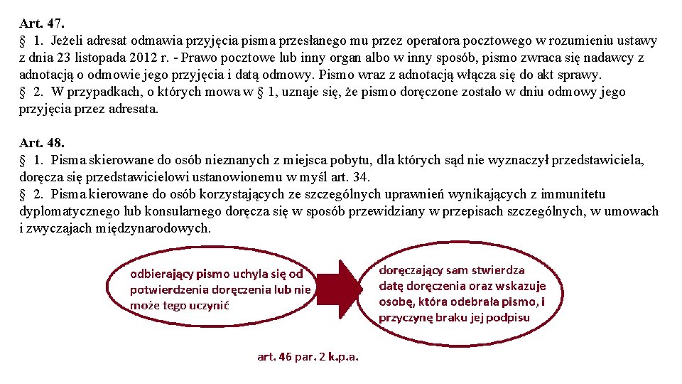 Art. 47. § 1. Jeżeli adresat odmawia przyjęcia pisma przesłanego mu przez operatora pocztowego