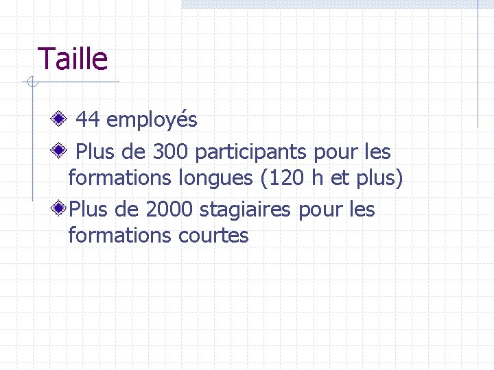 Taille 44 employés Plus de 300 participants pour les formations longues (120 h et