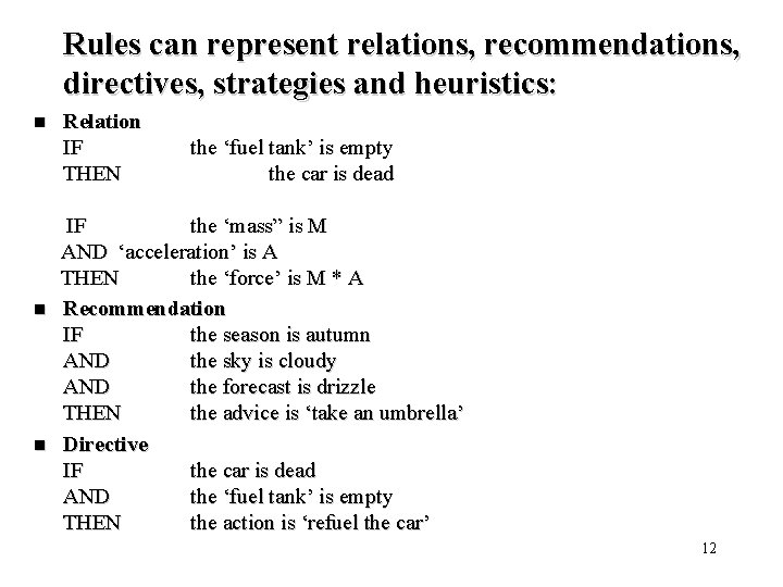 Rules can represent relations, recommendations, directives, strategies and heuristics: n n n Relation IF
