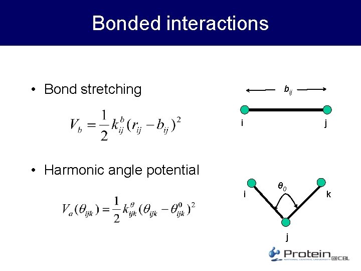 Bonded interactions • Bond stretching bij i j • Harmonic angle potential i θ