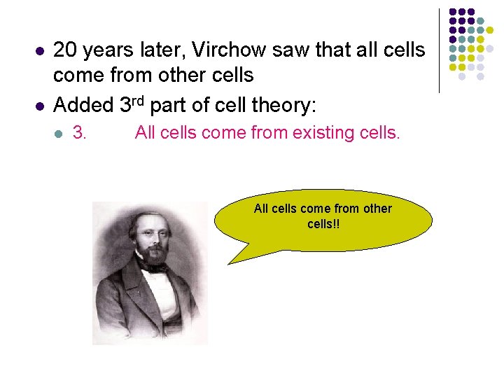 l l 20 years later, Virchow saw that all cells come from other cells