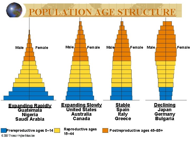 POPULATION AGE STRUCTURE Male Female Expanding Rapidly Guatemala Nigeria Saudi Arabia Prereproductive ages 0–