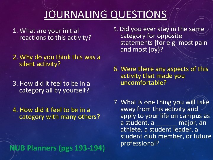 JOURNALING QUESTIONS 1. What are your initial reactions to this activity? 2. Why do