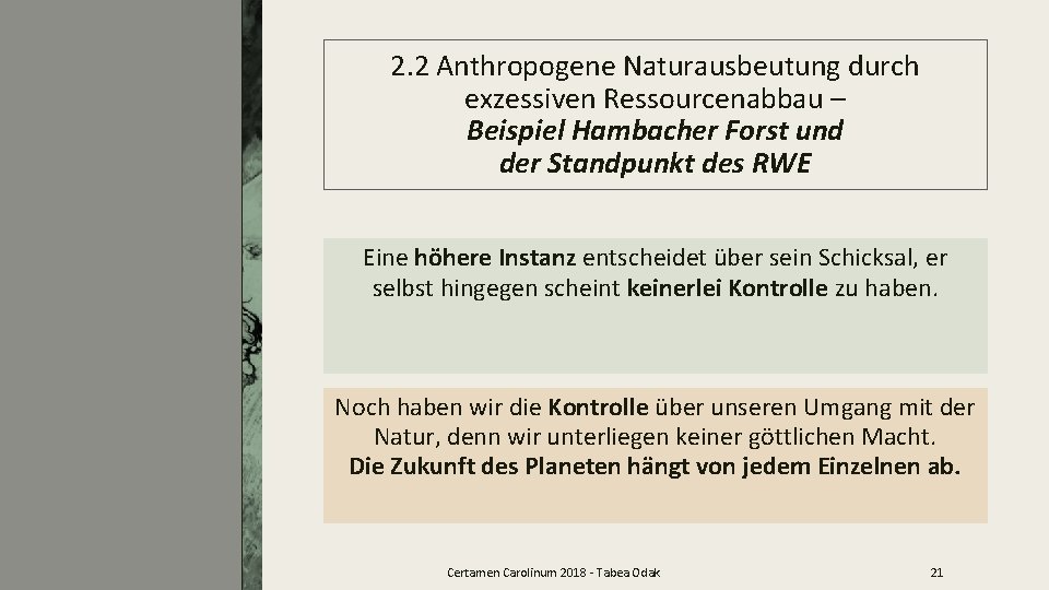 2. 2 Anthropogene Naturausbeutung durch exzessiven Ressourcenabbau – Beispiel Hambacher Forst und der Standpunkt