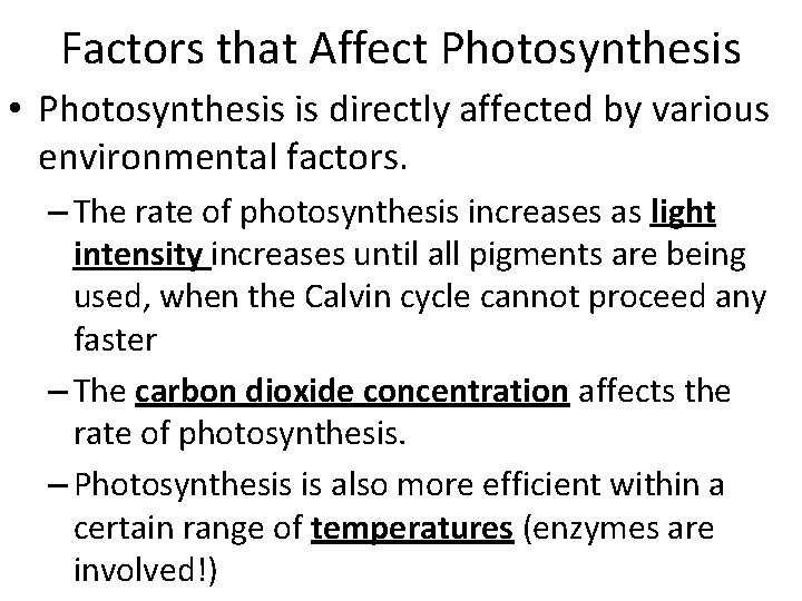 Factors that Affect Photosynthesis • Photosynthesis is directly affected by various environmental factors. –
