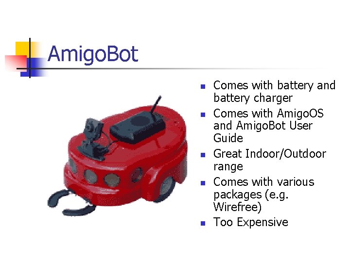 Amigo. Bot n n n Comes with battery and battery charger Comes with Amigo.