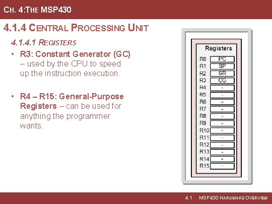 CH. 4: THE MSP 430 4. 1. 4 CENTRAL PROCESSING UNIT 4. 1 REGISTERS