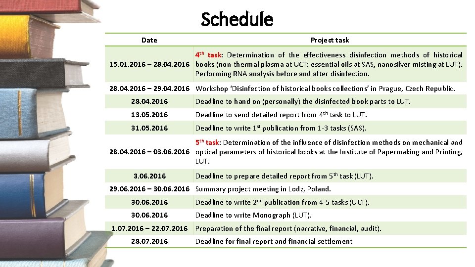 Schedule Date Project task 4 th task: Determination of the effectiveness disinfection methods of