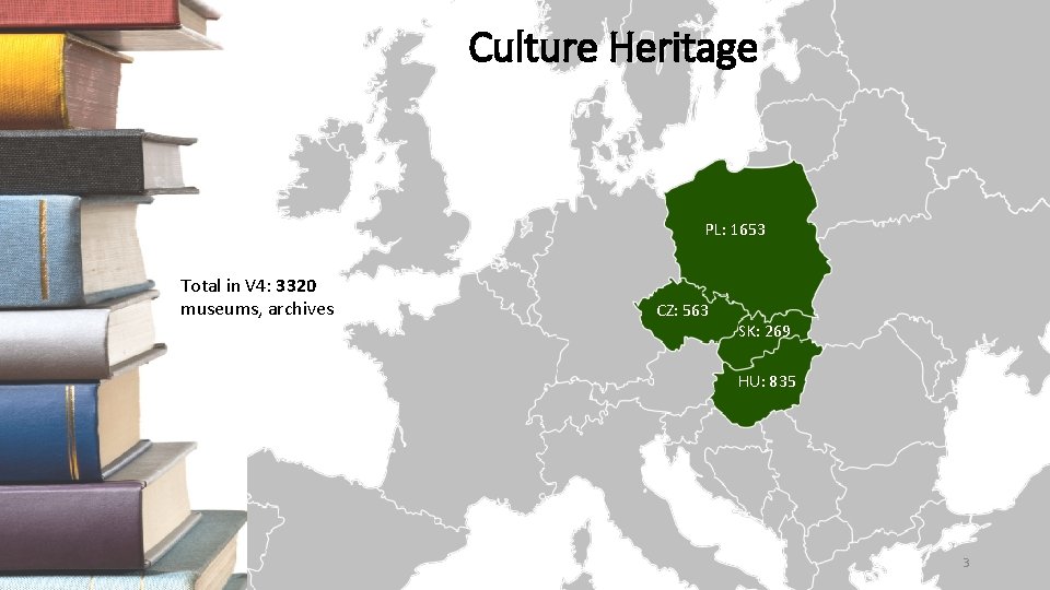 Culture Heritage PL: 1653 Total in V 4: 3320 museums, archives CZ: 563 SK: