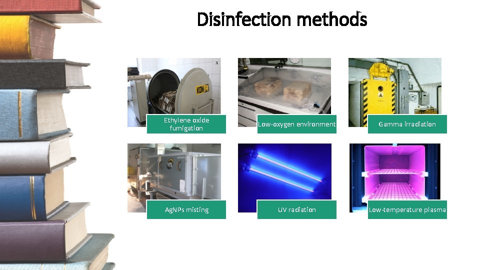 Disinfection methods Ethylene oxide fumigation Low-oxygen environment Gamma irradiation Ag. NPs misting UV radiation