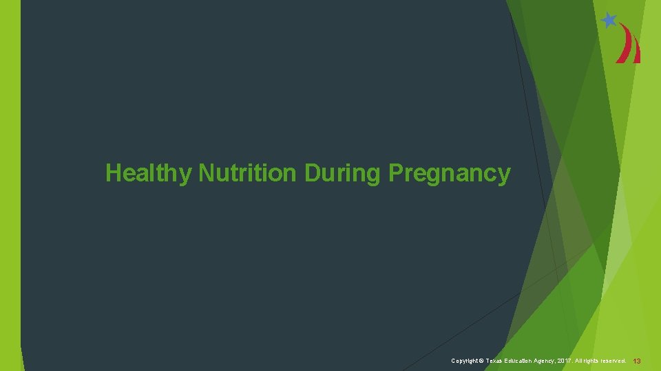 Healthy Nutrition During Pregnancy Copyright © Texas Education Agency, 2017. All rights reserved. 13