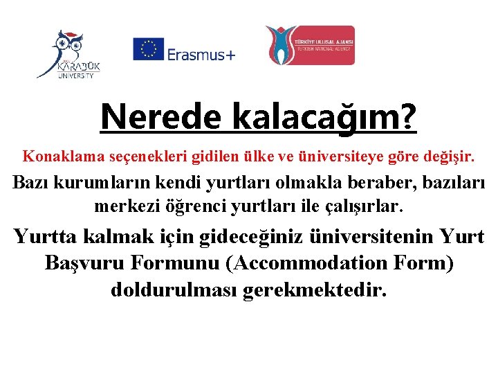 Nerede kalacağım? Konaklama seçenekleri gidilen ülke ve üniversiteye göre değişir. Bazı kurumların kendi yurtları