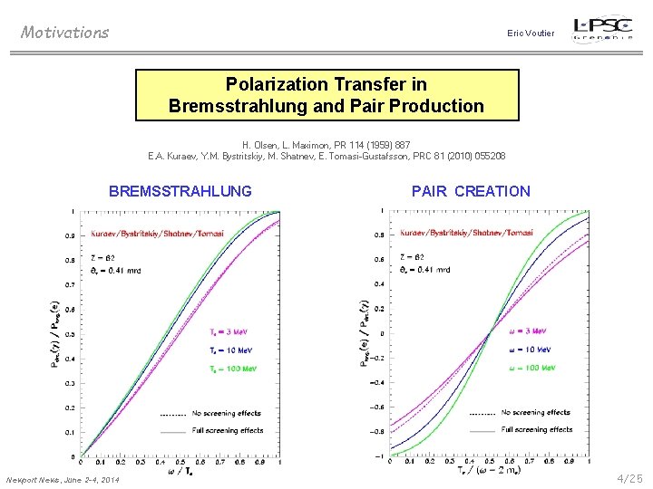 Motivations Eric Voutier Polarization Transfer in Bremsstrahlung and Pair Production H. Olsen, L. Maximon,