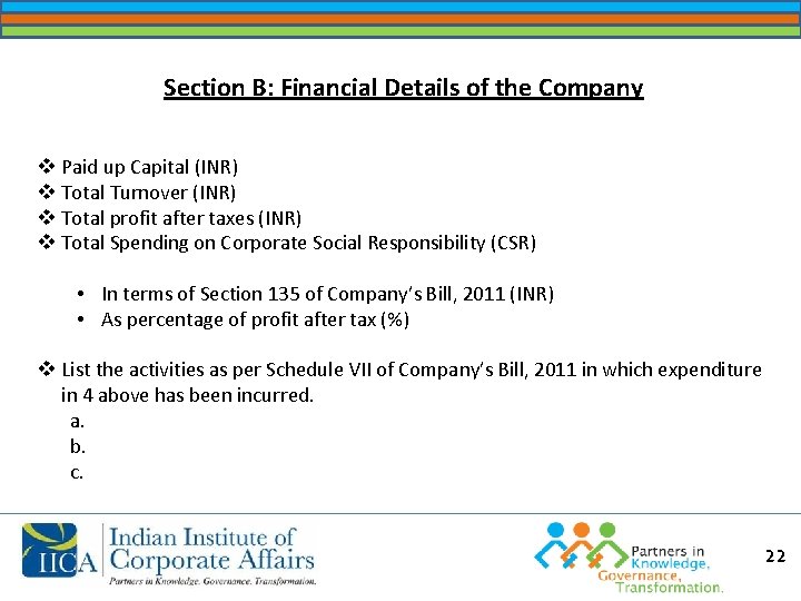 Section B: Financial Details of the Company v Paid up Capital (INR) v Total