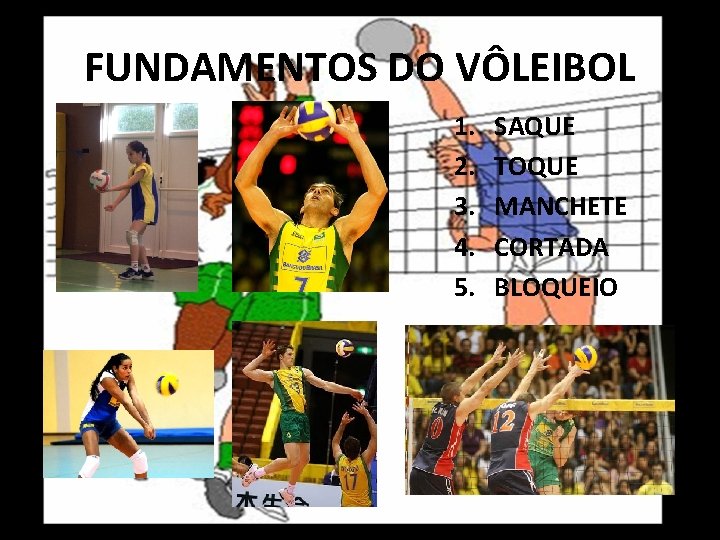 FUNDAMENTOS DO VÔLEIBOL 1. 2. 3. 4. 5. SAQUE TOQUE MANCHETE CORTADA BLOQUEIO 