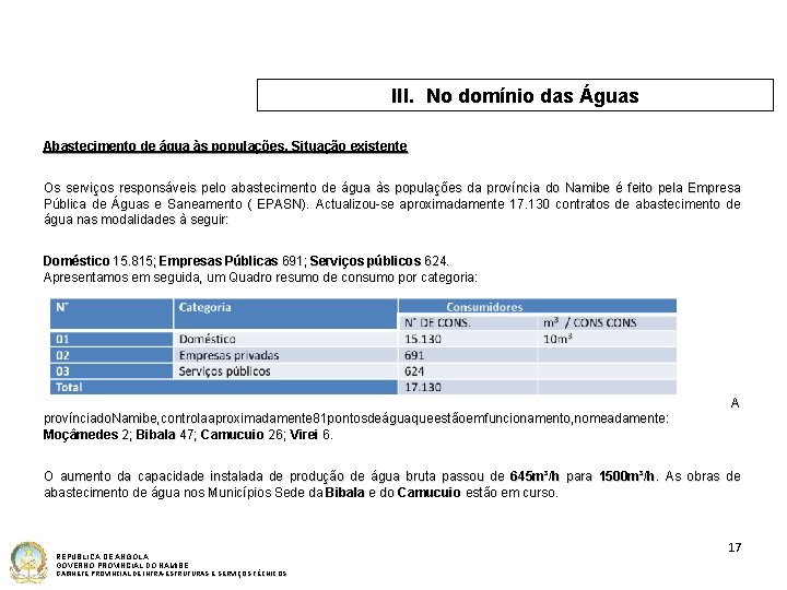 III. No domínio das Águas Abastecimento de água às populações. Situação existente Os serviços